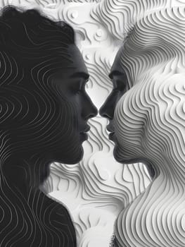 A closeup black and white photograph captures an intimate moment between a man and a woman as they share a kiss, showcasing the artistry and emotion in their gesture