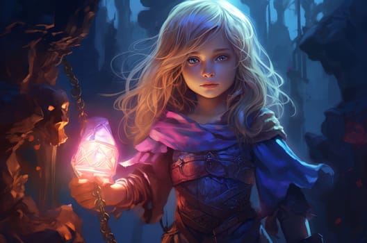 Mysterious Mage child girl fantasy dungeon. Power gaming. Generate Ai
