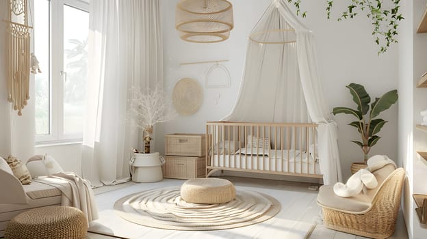 A baby room featuring a canopy over the crib, wicker furniture, and a rug. The interior design includes wood accents, creating a cozy and welcoming atmosphere