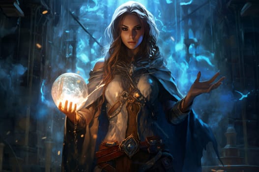Powerful Mage woman fantasy dungeon. Magic power. Generate Ai