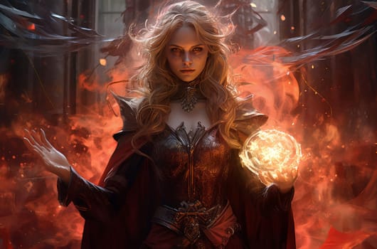 Enigmatic Mage woman fantasy dungeon. Magic power. Generate Ai