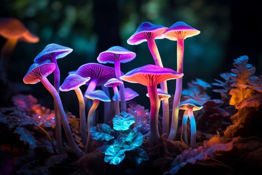 Enchanting Magic fluorescent mushroom forest. Fungi poison. Generate Ai