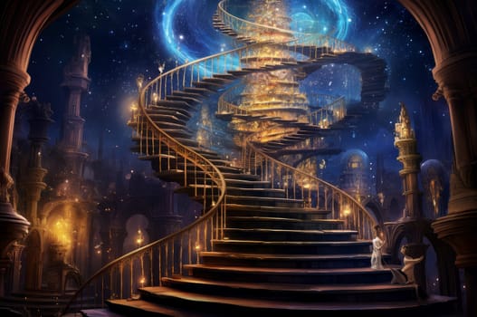 Mysterious Magical infinite staircase. Sky universe. Generate Ai