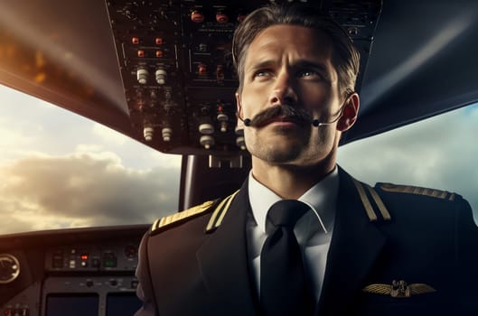Male captain airplane at sunset. Uniform officer. Generate Ai