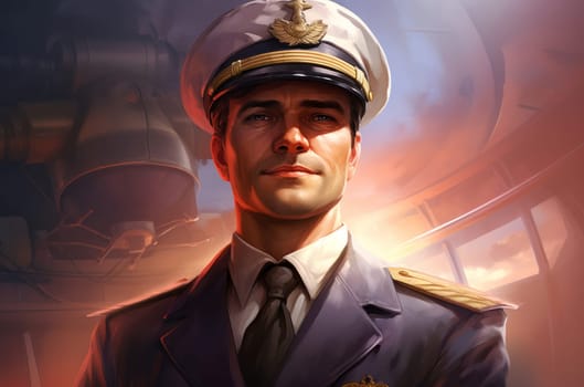 Experienced Male captain airplane at sunset. Uniform officer. Generate Ai