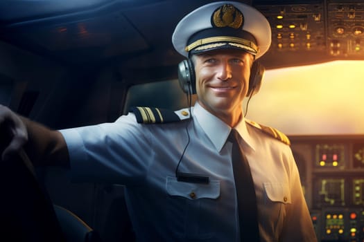 Authoritative Male captain airplane at sunset. Uniform officer. Generate Ai
