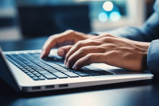 Focused Male typing laptop keyboard. Work office. Generate Ai