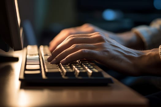 Industrious Male typing laptop keyboard. Work office. Generate Ai