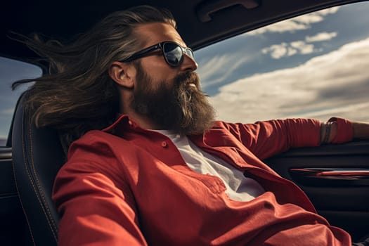 Rugged Senior man bearded drive cabriolet. Person happy travel style. Generate Ai