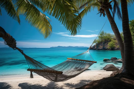 An empty hammock between palm trees against the backdrop of the sea and the beach. Holiday and vacation concept