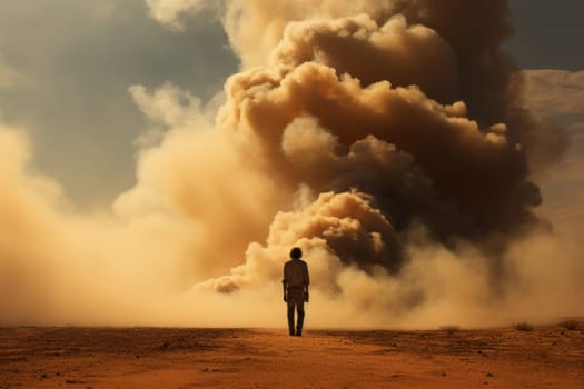 Mysterious Man desert smoke. Poster action festival. Generate Ai