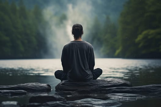 Man meditation. Male travel health. Generate Ai