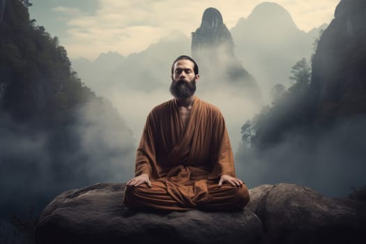 Tranquil Man meditation. Male travel health. Generate Ai