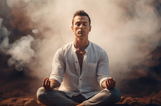 Focused Man meditation. Male travel health. Generate Ai