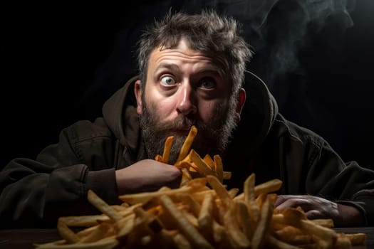 Hungry Man eating french fries. Sauce eating. Generate AI