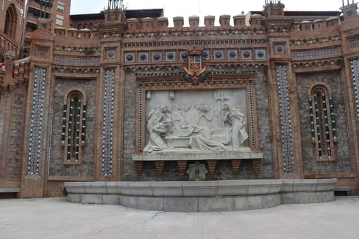 TERUEL, SPAIN : Sculpture on the Oval Stairs monument in historic city Teruel, Spain