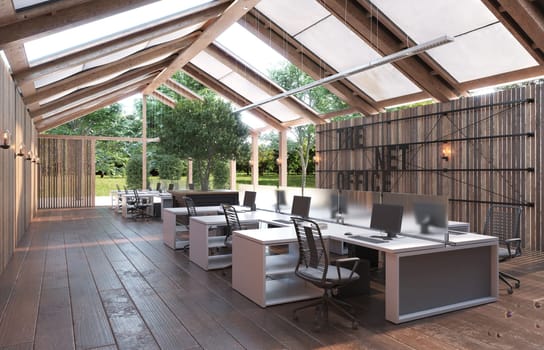 A large open office space with wooden floors . The space is filled with desks and chairs, and there are several potted plants scattered throughout the room