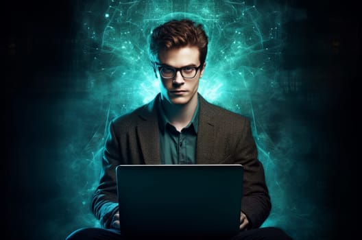 Man glasses laptop. Work person. Generate Ai