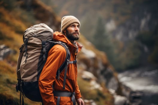 Man hiker backpack. Tourism trip. Generate Ai