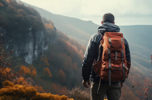 Adventurous Man hiker backpack. Tourism trip. Generate Ai