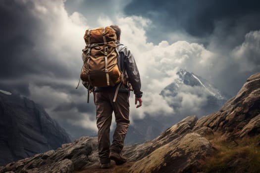 Resilient Man hiker backpack. Tourism trip. Generate Ai