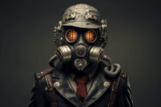 Intimidating Man gas mask steampunk. Grunge glasses. Generate Ai