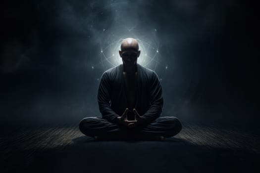 Man meditation dark. Calm person. Generate Ai