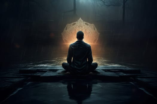 Introspective Man meditation dark. Calm person. Generate Ai
