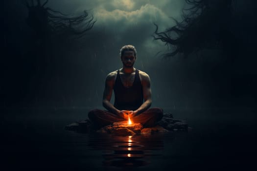 Serene Man meditation dark. Calm person. Generate Ai