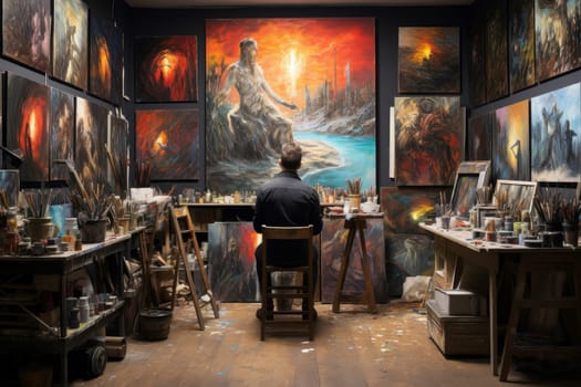 Artistic Man painting studio. Art painter. Generate Ai