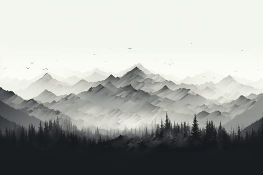 Drawing of mountains in black and white. Horizontal mountain landscape.