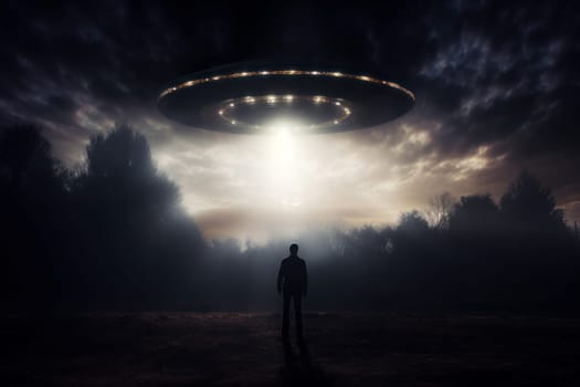 Man near ufo. Sky space night. Generate Ai