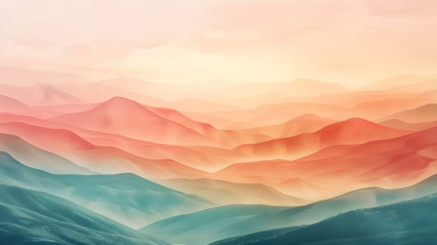 A stunning art piece depicting a mountain range under a vibrant sunset sky. The afterglow paints the clouds in the ecoregion, creating a mesmerizing natural landscape