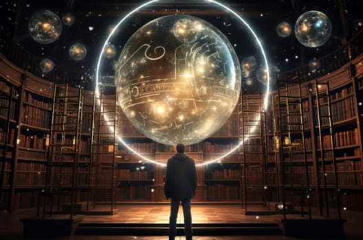 Knowledgeable Man stand astrological library. Read space. Generate Ai