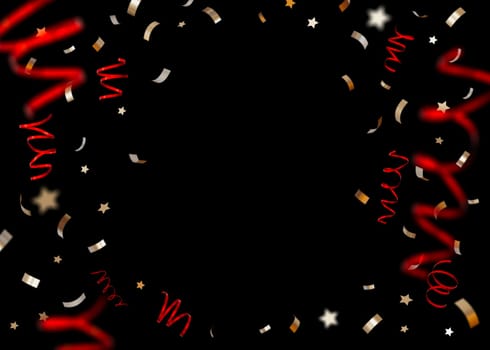 Golden and red confetti isolated on black background. Shiny particles, close up view. Party, Merry Christmas, New year, Birthday decoration. Cut out. Perfect for invitations, festive design. 3D