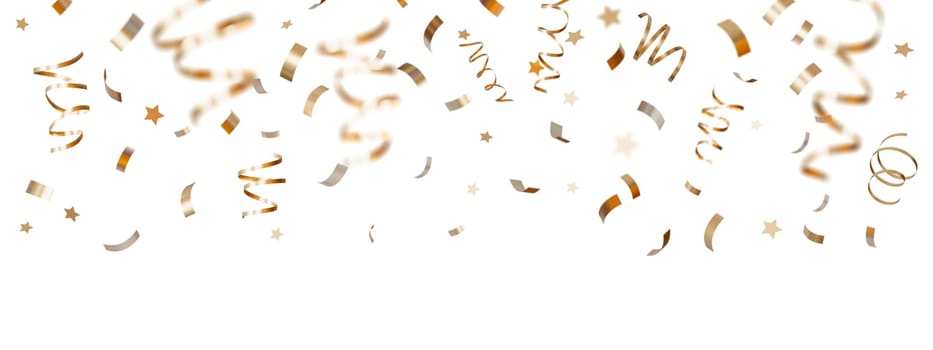 Elegant golden confetti and stars isolated on white, clean background, perfect for celebration themes, festive decorations, holiday sales, and jubilant event promotions. Shiny particles. Header. 3D