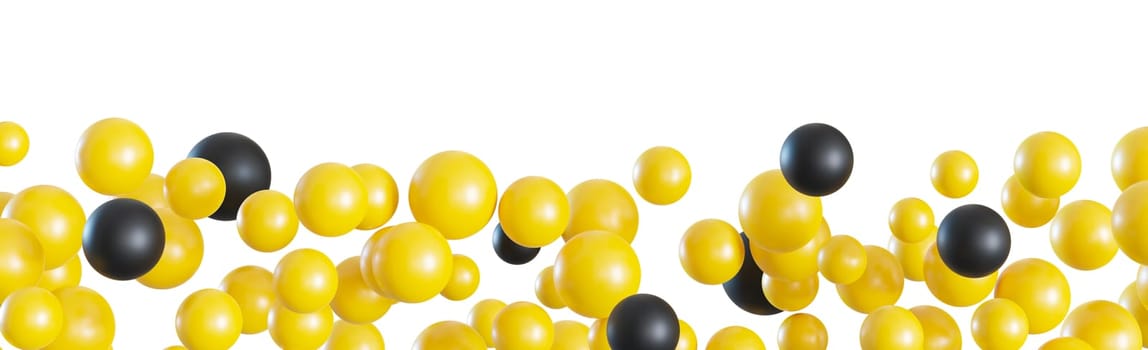 Yellow and black balloons line isolated on white background. Vibrant footer or header. Border, row. Cut out design elements. Sale, special offer, good price, deal, shopping. Helium balloons group. 3D