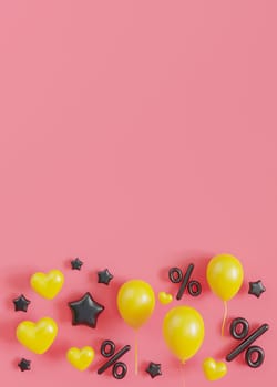 Black percentage symbols and yellow balloons on a soft pink backdrop, perfect for festive promotions, special events, and sales marketing materials. Vertical background with empty space for text. 3D