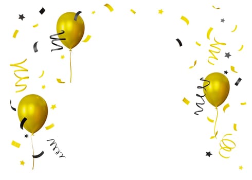 Yellow and black confetti and balloons isolated on white background. Sale, special offer, good price, deal, shopping. Cut out elements. Frame. 3D