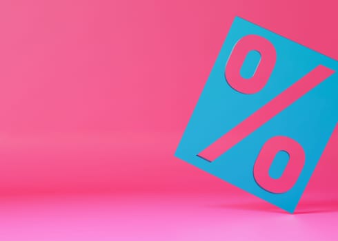 Striking cyan percentage sign against a vivid pink background, symbolizing promotions, discounts, and sales, ideal for marketing campaigns, advertisements, and retail promotions. Copy space. 3D