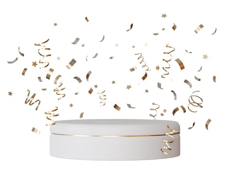 Elegant podium with golden confetti, isolated on white background. Perfect for product display, celebrations, and luxury presentations. Cut out stage mockup. Surprise, congratulations. 3D render