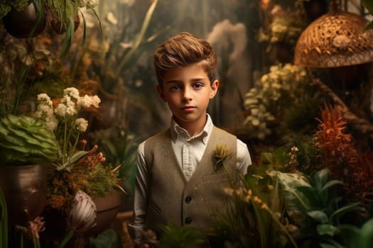 Flourishing Botanic plants child boy. Jungle decoration. Generate Ai