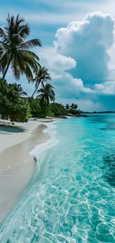 tropical beach view at cloudy stormy day with white sand, turquoise water and palm trees. Neural network generated image. Not based on any actual scene or pattern.