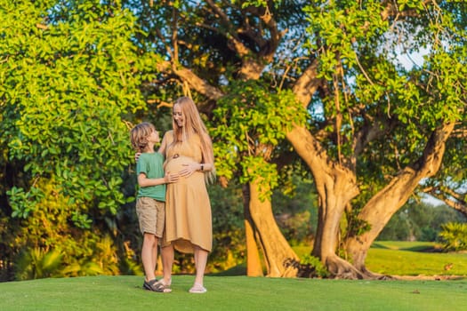 Heartwarming outdoor bonding as a pregnant mom and her son enjoy quality time together, savoring the beauty of nature and creating cherished moments.