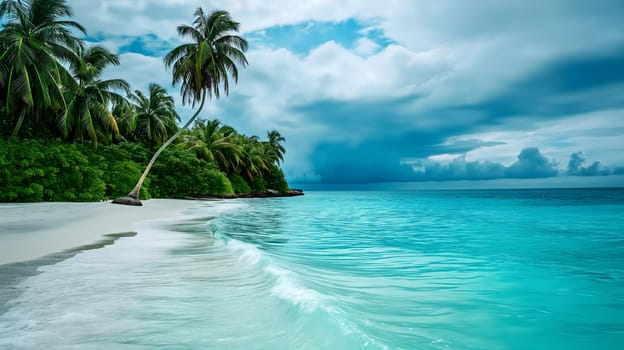 tropical beach view at cloudy stormy day with white sand, turquoise water and palm trees. Neural network generated image. Not based on any actual scene or pattern.