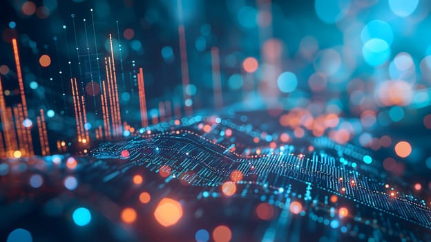 Dynamic Finance Flow, Double Exposure of Data and Technology background. Neural network generated image. Not based on any actual scene or pattern.