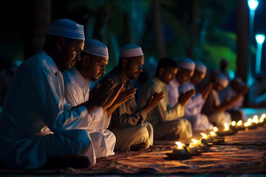 Muslim prayers in white clothes sitting in front of mosque at Ramadan night with selective focus. Neural network generated in January 2024. Not based on any actual scene or pattern.