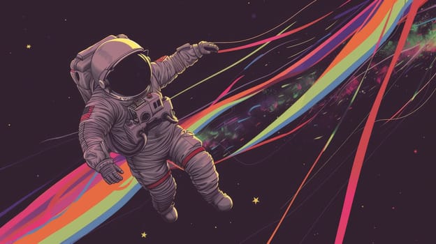 Abstract wallpaper of an astronaut in space with rainbow, Colorful art of astronaut in the space.