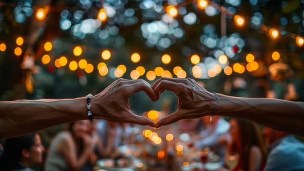 hands forming a heart shape, Diverse Multicultural Friends and Family at an Outdoors Garden Party..