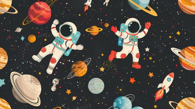 wallpaper of space adventure with adorable astronauts rockets and planets, Cute galaxy.